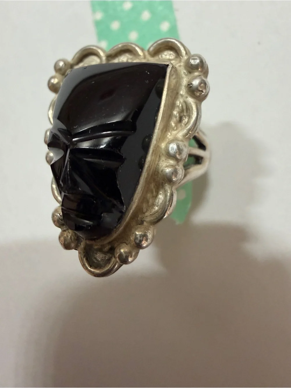 Vintage Sterling Silver Carved Black Onyx Aztec Warrior Mask Ring Size 5.5‎